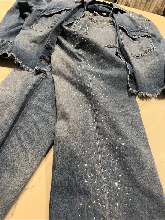 Johnny Was Denim - Johnny Was Light Blue Straight-Leg Jeans Set with Crystal Embellishment